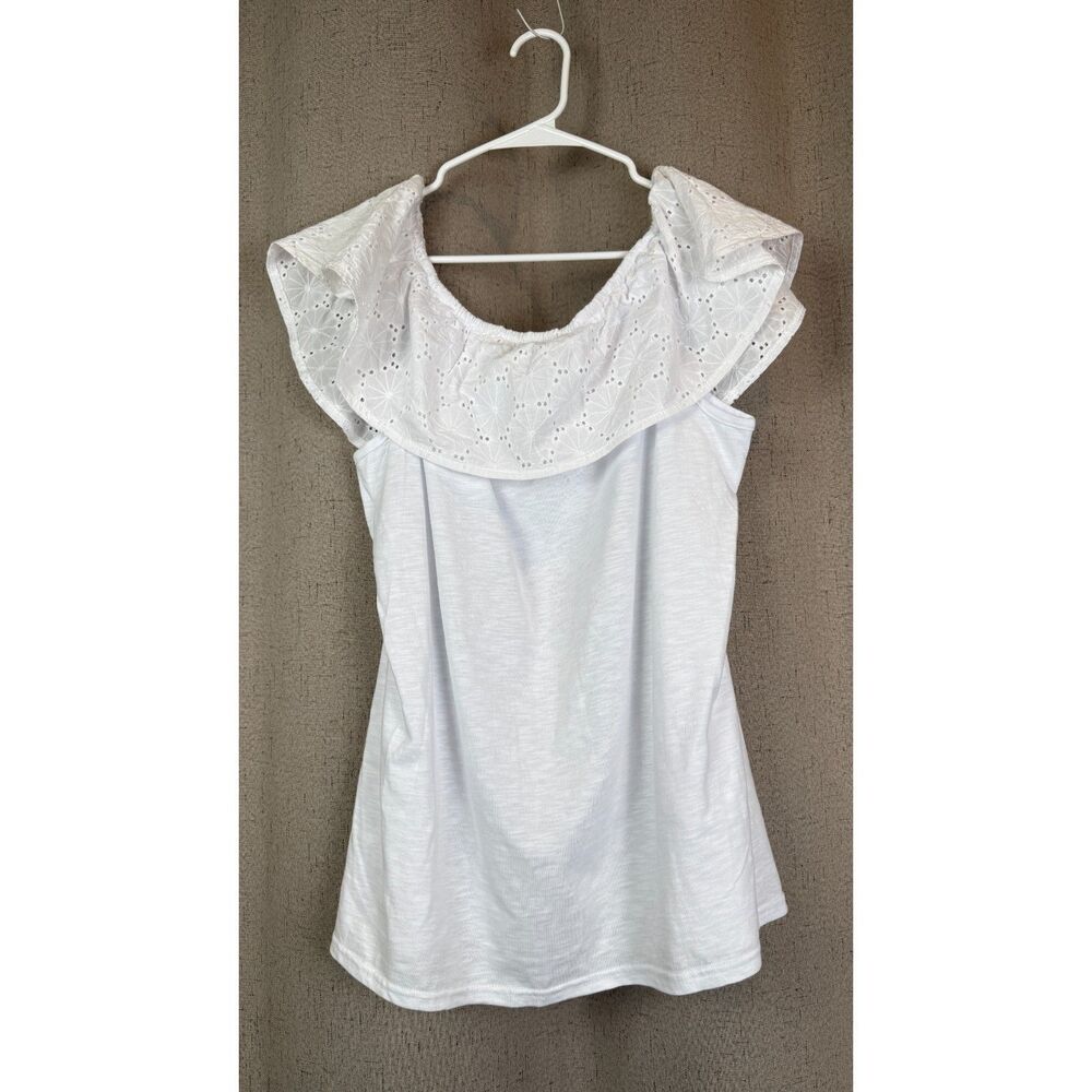 BY Design White Eyelet Off Shoulder Ruffle Top | XL - Picture 2 of 4